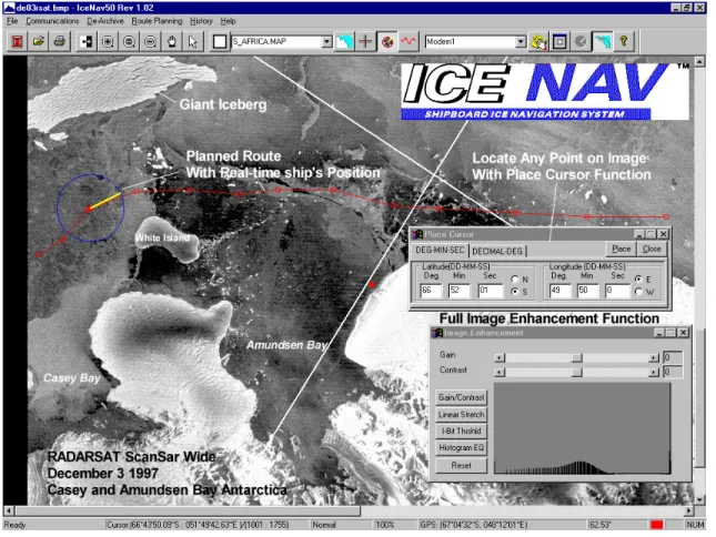 Figure 9: Enfotec’s IceNav display showing the range of functionality now  available in PC-based ice navigation systems used in the RADARSAT  era