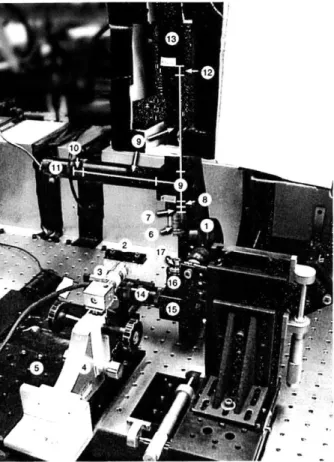 Figure  4-2:  Microscope  construction.  Fringe  patterns  were  projected  through  an objective  (1)  (10x  Epiplan  Zeiss,  #442930)  onto  a  stage  (2)