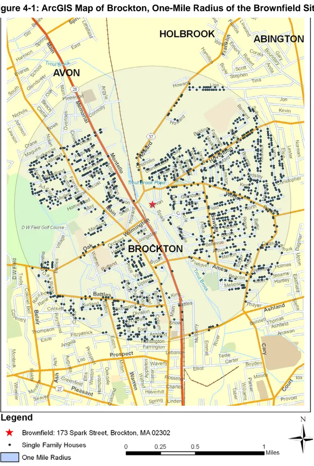 Figure 4-1: ArcGIS Map of Brockton, One-Mile Radius of the Brownfield Site 