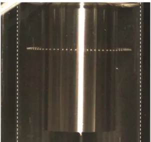 Figure 3 A bubble ring composed of 61 core bubbles of the  same size. The dashed lines show the inner wall of the outer  cylinder, and the white wide stripe is the reflection from the  inner cylinder