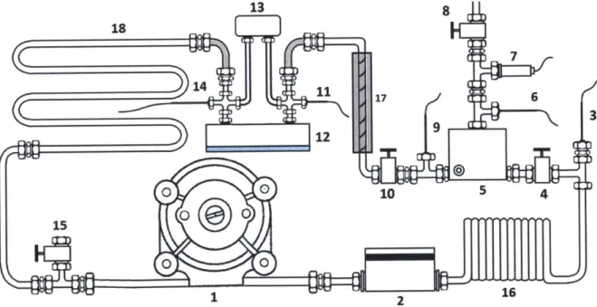 Figure  3-1 Schematic  drawing of flow boiling loop.  [1]  Peristaltic  pump  [2]  Flow  meter [3,  6, 9, 11,  14]  Thermal  couple  probes  [4, 8,  10, 15]  Vacuum valves [5]  Degassing tank [7] Absolute