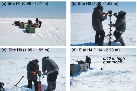 Figure 2  Conditions at sites in hummocked ice, ice thickness shown in brackets 