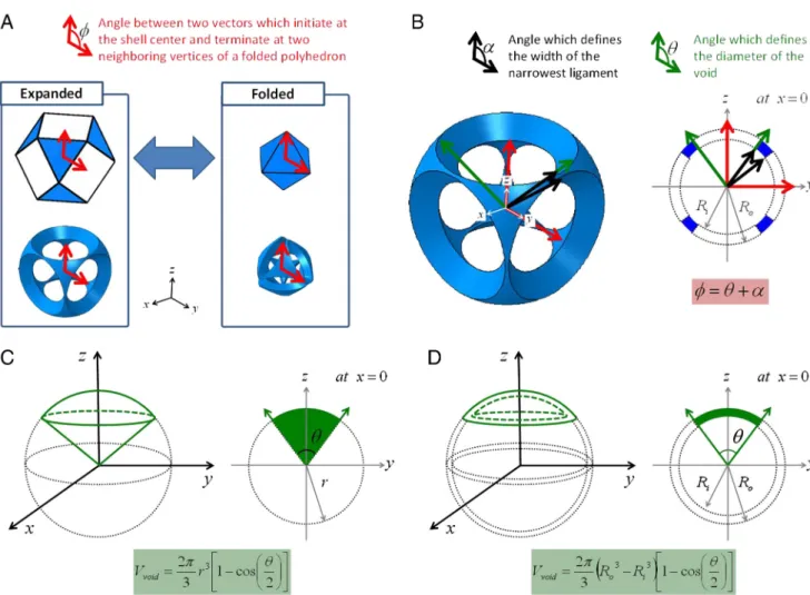 Fig. S1. Schematics illustrating (A) ϕ , (B) α and θ , (C) a cone describing the hole on the spherical surface, and (D) the volume of each hole.