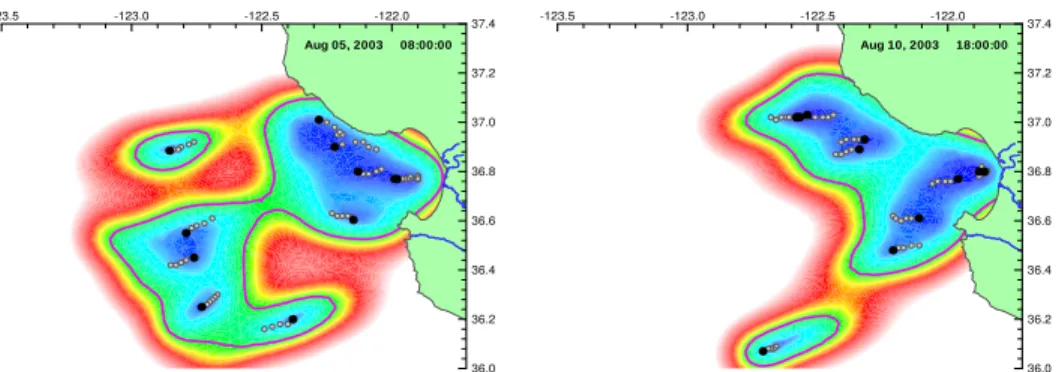 Figure 5. Error map at different times during the AOSN 2003 experiment. Blue represents small error (good coverage) and red and white represents high error (poor coverage)