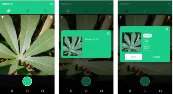 Figure 1-3: Mobile app built using the framework. Left to right: taking a picture, predicting labels for an image, and labeling an image.