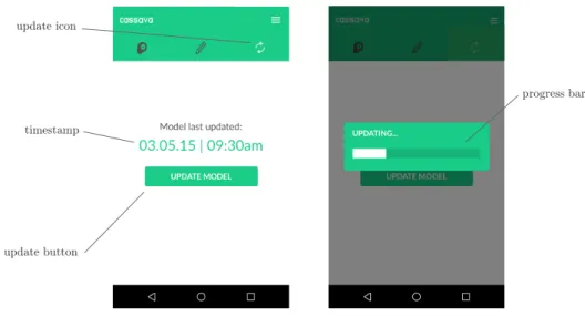 Figure 4-3: Updating the app’s onboard model. The left shows when the model was last updated while the right shows the app downloading an updated model from the server.