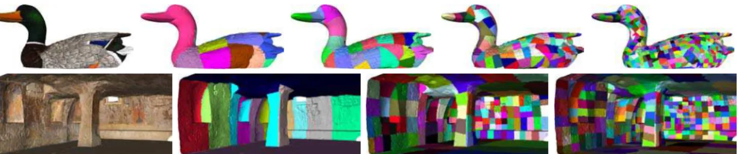 Figure 2: Result of the recursive segmentation for two types of models. Top: Color-per-vertex model of a duck carving