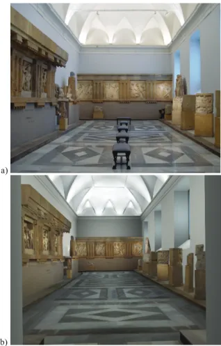 Figure 5. Three-dimensional model of a section of the frieze of  Temple C of Selinunte, a) texture-mapped 3D model, b) 