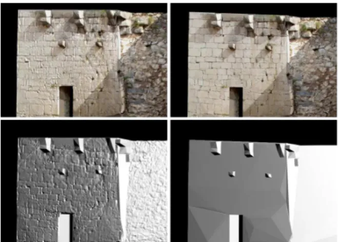 Figure 7: Left pair with displace modifier approximating stone  surface geometry. Right pair has flat surfaces