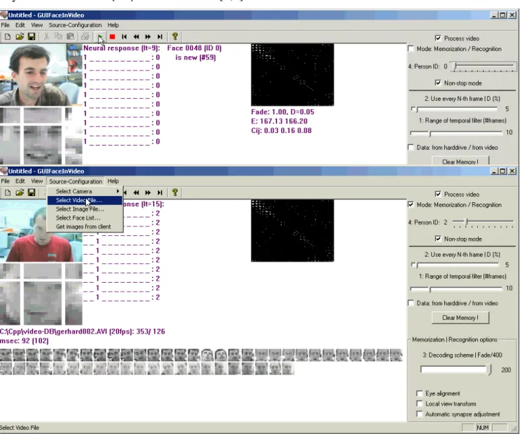 Figure 7: The snapshots to the FRiV testing program. Facial images shown in the bottom are used to tune synaptic  connections corresponding to the video-name association 
