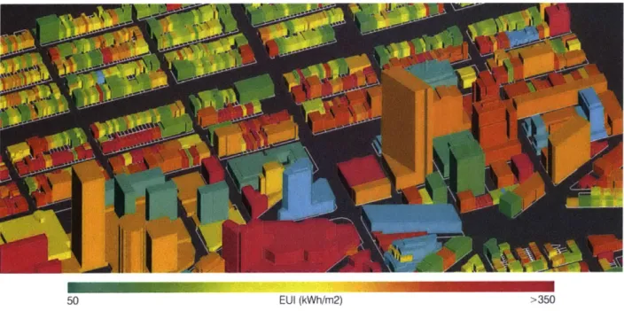 Figure 2-6:  Heat map of UBEM simulated demands in Boston's Back Bay district