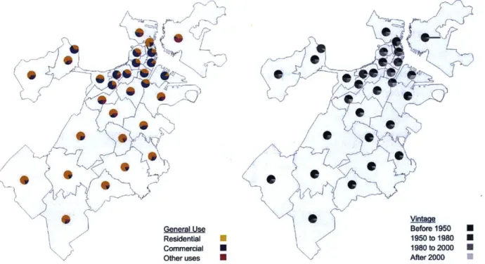 Figure 3-8:  Use and age floor area distribution in Boston by Zip Code