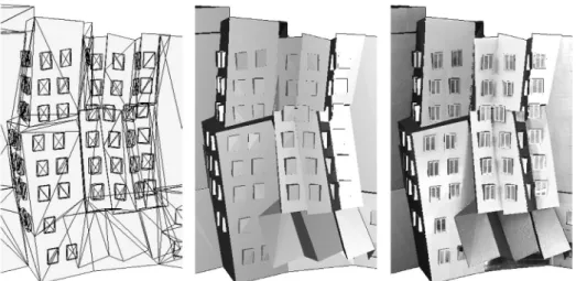 Figure 10: Stata Centre (MIT) in wireframe, shaded, and textured model. 