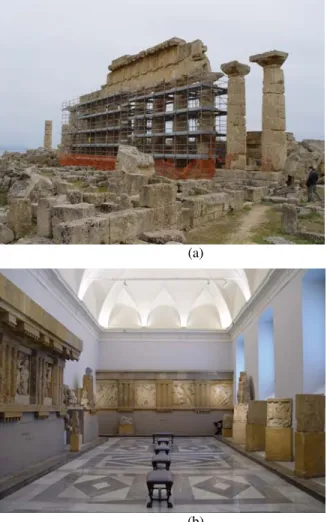 Figure 11. Photographs of site: (a) ruins of temple C of the Acropolis of Selinunte, Sicily, (b) Room dedi- dedi-cated to Selinunte lodedi-cated at the “Museo Archeologico Regionale” of Palermo, Sicily
