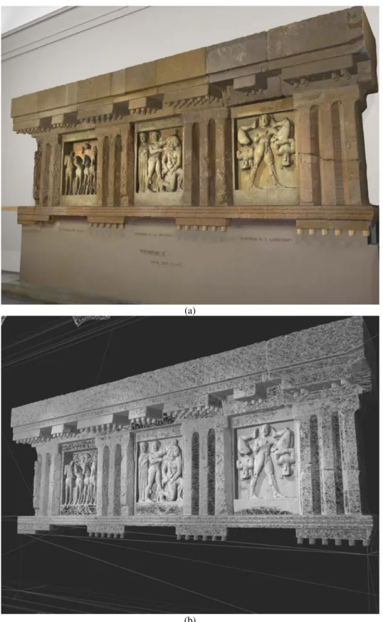 Figure 13. (a) Three-dimensional model of a section of the frieze of Temple C of Selinunte,   texture-mapped 3D model, (b) wire-mesh of the 3D model showing the level of details