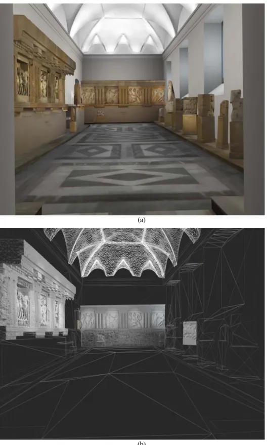 Figure 14. Virtualized Museum room, (a) Rendering of the complete 3D model of the museum room  dedicated to Selinunte, (b) wire-mesh showing the multi-resolution 3D model
