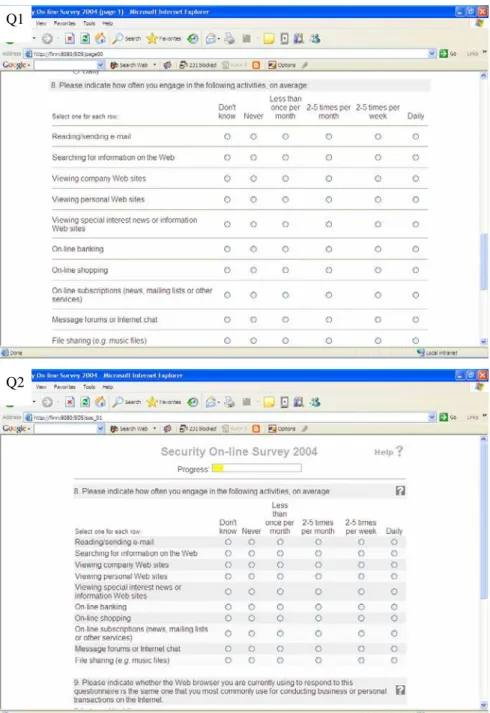 Figure 2: Screen shot of question 8 from both versions of the online-questionnaire, labelled  accordingly