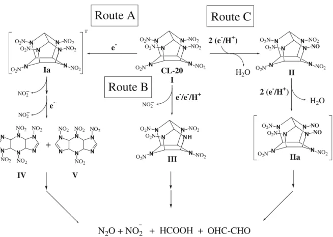 Fig. 1 Proposed pathway of biotransformation of CL-20 catalyzed by a dehydrogenase enzyme from Clostridium sp