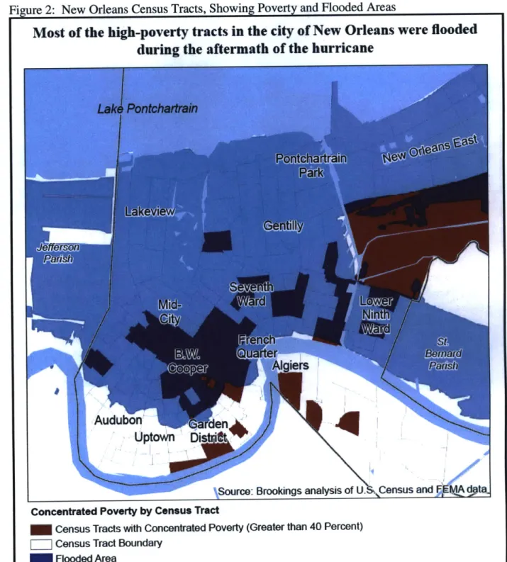 Figure 2:  New Orleans  Census Tracts,  Showing  Poverty and Flooded Areas