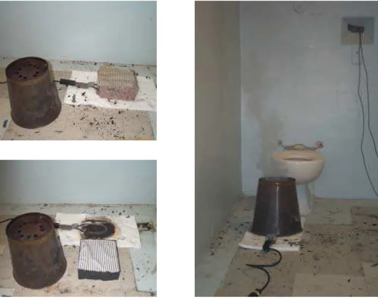 Figure 5.  Fuel packages of cotton mattress and polyurethane foam mattress on an electrical barbecue lighter covered by a perforated metal bucket for smouldering fires (Contract B4131).