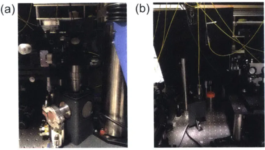 Figure  2-10:  (a)  Microscope  objective  directly over  Montana  cryostat.  (b)  Portion  of setup that  transitions  from  the  elevated  optical  platform  to  the  optical  table.