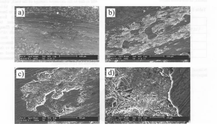 Figure 6: SEM micrographies of wear tracks on: (a) AI-12Si /30 vo1.%TiC coating, (b) (c) and (d) AI-40Si /30 vo1.%TiC coating.