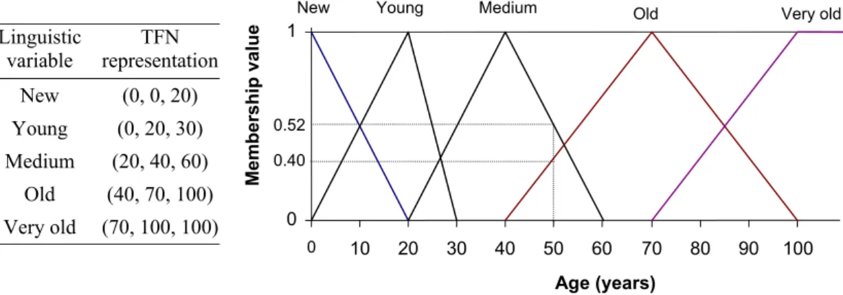 Figure 1.  Example of a fuzzy set representing linguistic variables for pipe age. 