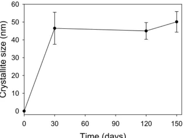 Figure 4. Graph showing the crystallite size of the  newly formed tobermorite-like phase 