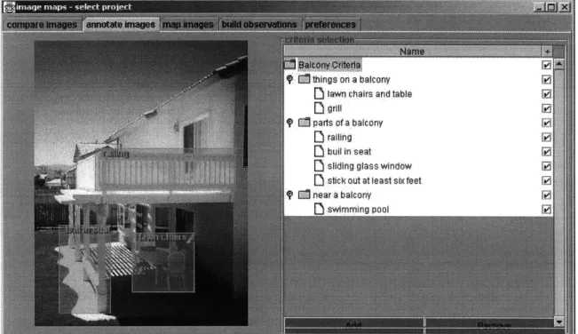 Figure  3.1.  An annotated  photograph  of a balcony. The annotations demonstrate  how  a student could define an architectural  feature (a balcony) by describing  its components  ("railing", "built  in seat", "sliding glass window"