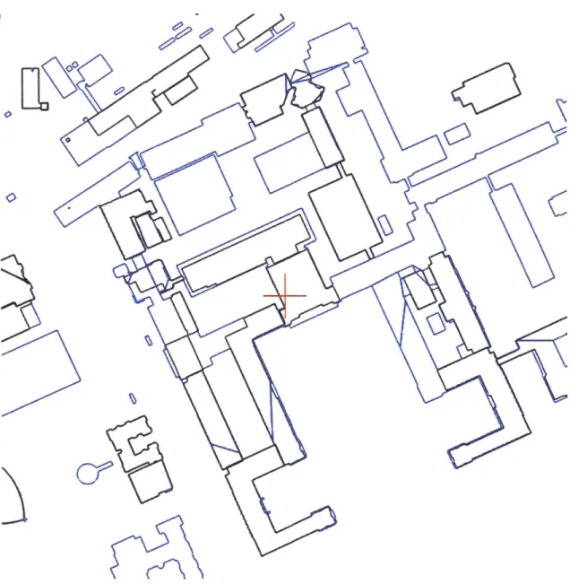 Figure  2-8:  Building  Mapper  Snapshot.  Building  contours  from the  contours  file  are  shown  in  black  and  the  building  contours from  the  .TOPO  basemap  file are  shown  in  blue.