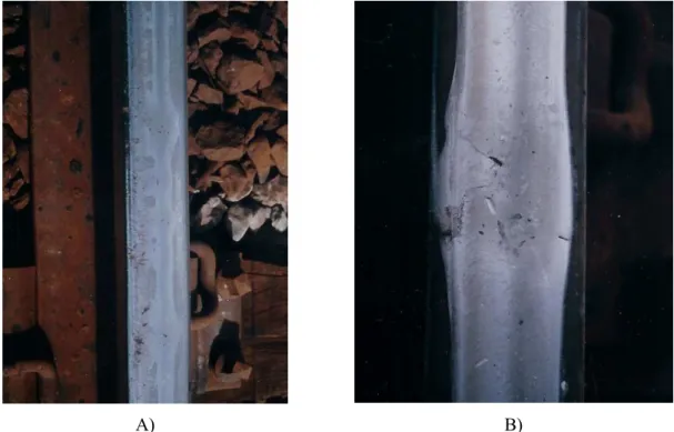 Figure 2: A) rolling contact fatigue corrugations. B) Squat in a heavy haul rail, probably initiated by small wheel burn.