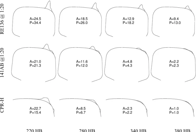 Figure 7: Predicted distribution of RCF damage on three different rail sections, for four different hardness values based on 300 measured worn wheels