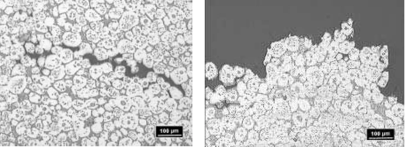 Figure 6. Micrograph of shrinkage voids in a part cast at 575 º C (left) and a cross-section  through a fracture showing preferential path along these voids and the brittle Mg 17 Al 12   phase  (right)