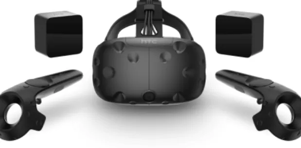 Figure 2-1: The HTC Vive Head Mounted Display comes with two controllers. The Vive tracking uses two base stations that externally track position and orientation of the headset and two controllers.