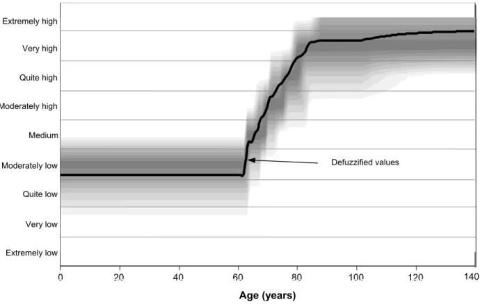 Figure 7.  Fuzzy risk levels over the life of a pipe 