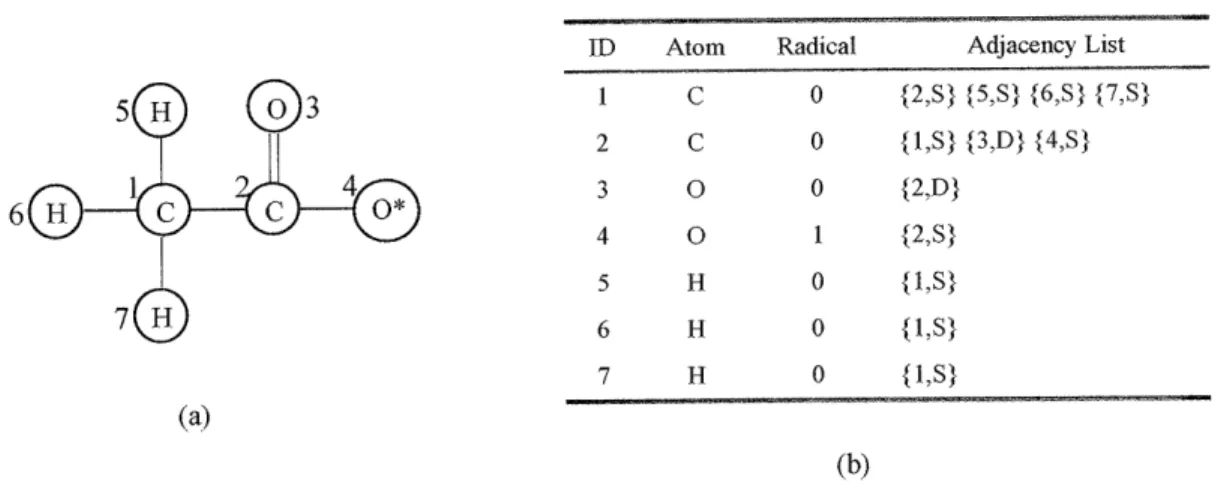 Figure 4.1  an instance  of  ChemGraph: (a) acetyloxy  radical; (b)  Adjacency  list  representation