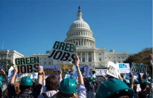 Figure 8. Power Shift 2007 in Washington D.C.; activists wore green hard hats to  symbolize their advocacy for “Green Jobs” (Oakes 2007) 