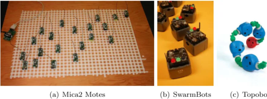 Figure 5: ProtoKernel currently supports platforms for sensor networks (a), swarm robotics (b), and modular robotics (c)