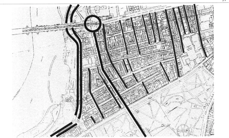 Fig.  30. Cross streets on  Beacon  Hill.  Charles St. - center,  ending at Charles  Circle - is shown darker, as is  Storrow Drive - at left.