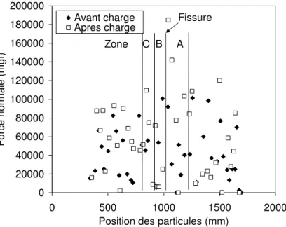 Figure 6 : Force normale exercée par chaque particule sur la limite supérieure (chaussée  fissurée) 