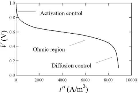 Fig. 1. Typical current–voltage distribution curve, for a hydrogen fuel cell.