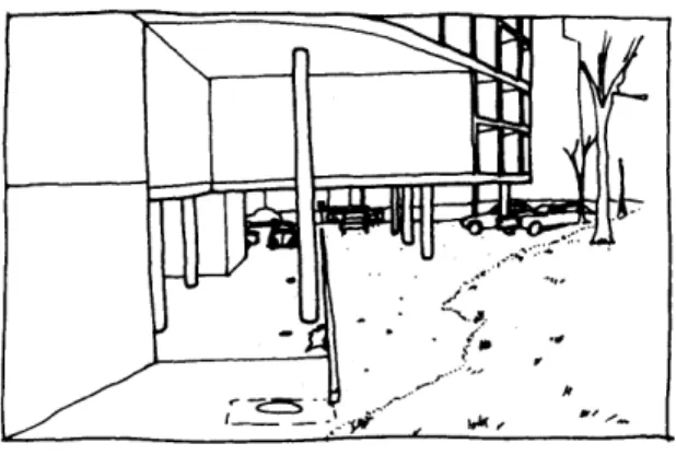 fig.  73.  The  space  does  seem to  flow under there,  although  the  building  sits quite  low  to  the  ground over  much  of  it, more constricting  than  freeing  it