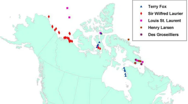 Figure 2: Location of the data collection for each of the icebreakers in the summer  of 2003