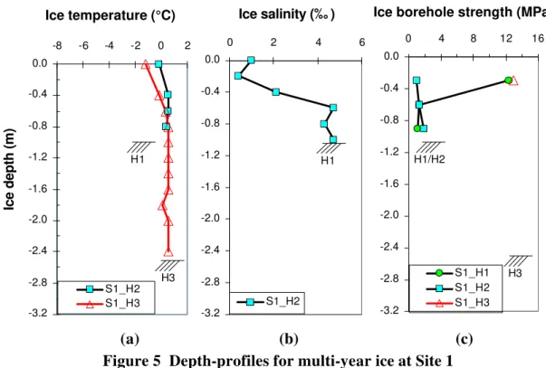 Figure 5  Depth-profiles for multi-year ice at Site 1  (cross hatching denotes the ice thickness) 