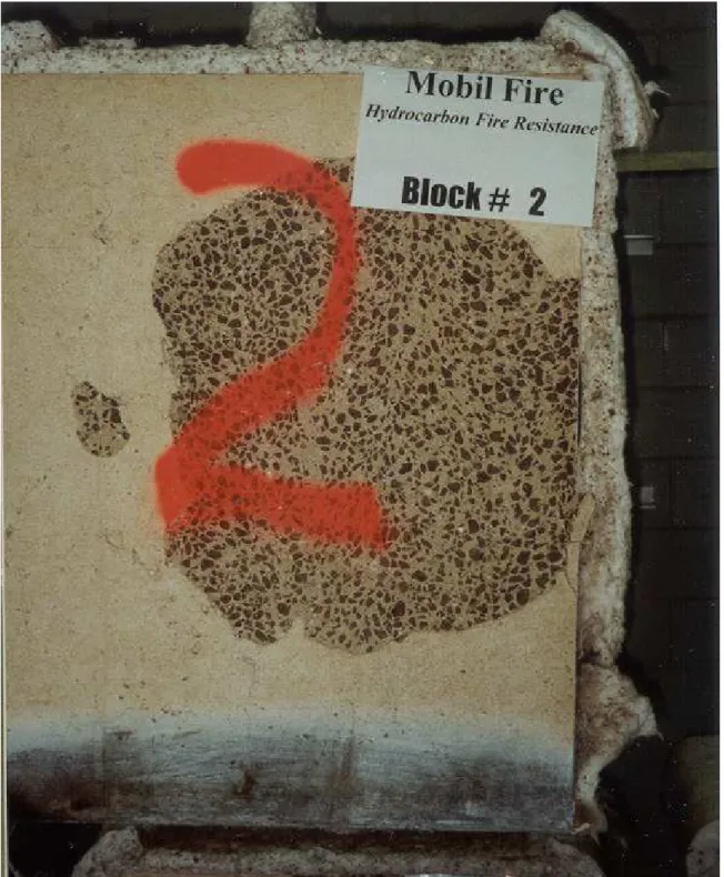 Fig. 4 – View of the Block No. 2 (W/C = 0.33, low-absorption coarse aggregate, 2.5 kg/m 3                    of 20-mm fibres) after the hydrocarbon-fire resistance test