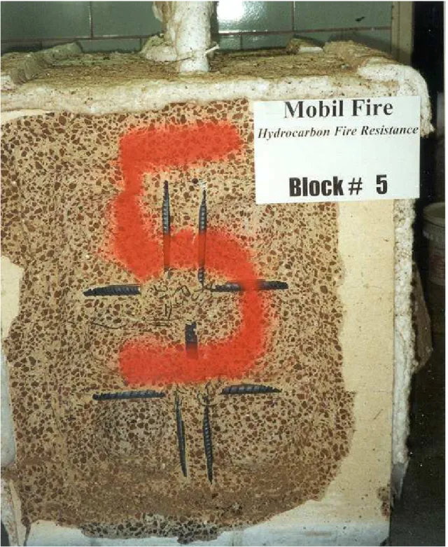 Fig. 7 – View of the Block No. 5 (W/C = 0.33, high-absorption coarse aggregate, no fibres)                        after the hydrocarbon-fire resistance test