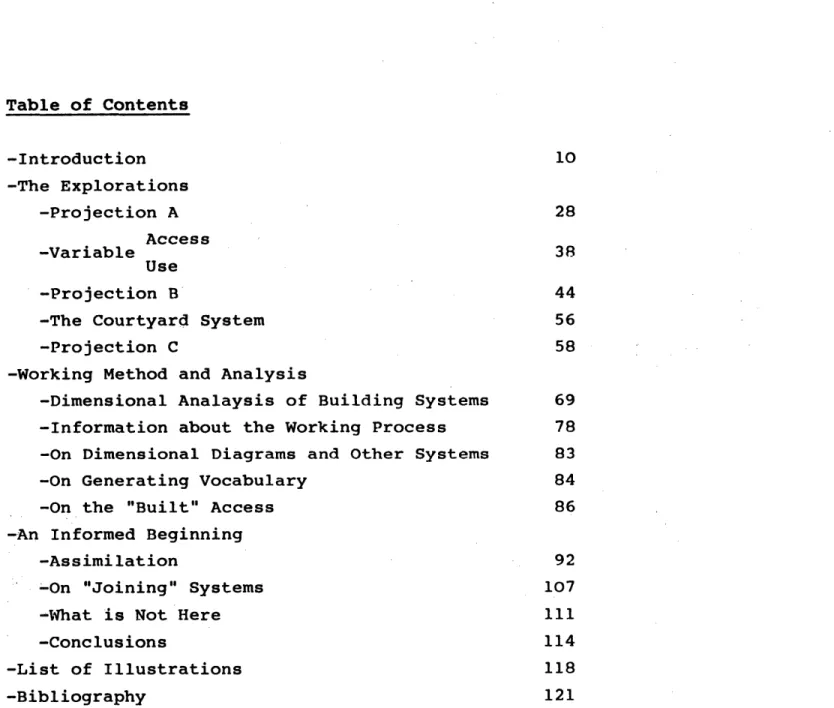 Table  of Contents -Introduction  10 -The Explorations -Projection A  28 Access -Variable  38 Use -Projection  B  44