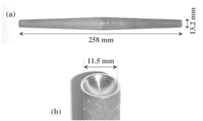Figure 1. Double-taper shape clad steel buffer rod; external view (a) and spherical concave ultrasonic lens fabricated at the probing end of the rod (b).