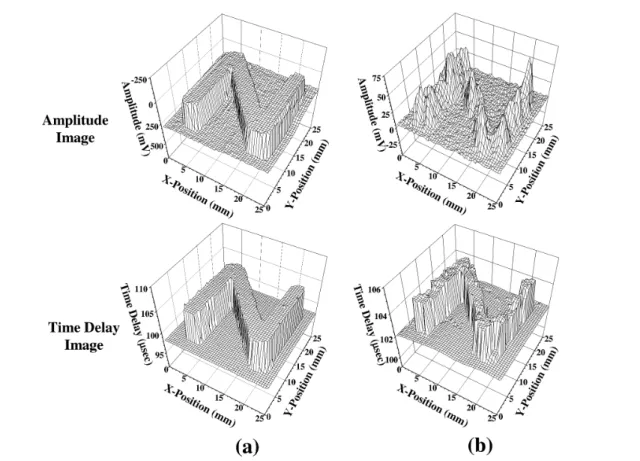 Figure 3. Ultrasonic images of character ‘N’ obtained in water at room temperature (a) and in molten Mg at 690 ◦ C (b) using the amplitude and time delay of signals reflected from the sample surface.