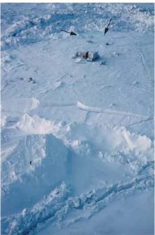Figure 40: Kadluk ice pad showing passive slope failures and rubble river  after ice event 